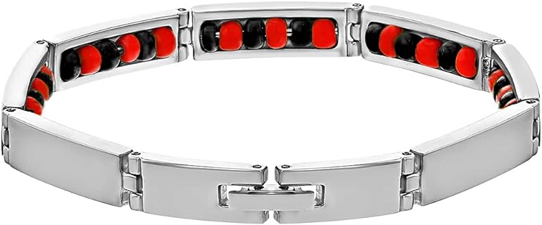 In Season Jewelry Stainless Steel Evil Eye Protection Link Wristband Inside Beaded Elegua Bracelet for Adult Men and Women - Traditional Evil Protection Red and Black Beaded Elegua Bracelet