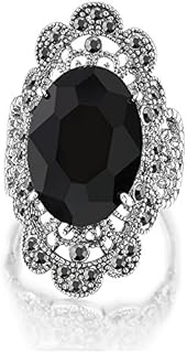 Retro Vintage Cocktail Statement Ring Black Marcasite & Crystal Rings for Women Girls Antique Silver Big Black Onyx Stone Ring