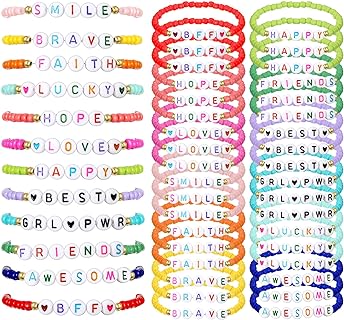 Cunno 36 Pcs Kids Friendship Bracelets for Girls Letter Beads Bracelets Stretchy Cute Bracelet Pretend Play Beaded Bracelets Inspirational Bracelets for Kids (Classic Style)