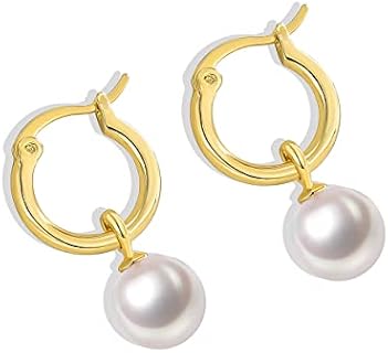 Pearl Hoop Earrings for Women Girls 14k Gold Plated Pearl Dangle Small Hoop Earrings with 925 Sterling Silver Post