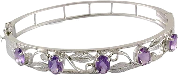 NOVICA Handmade Amethyst Bangle Bracelet .925 Sterling Silver Rhodium Plated Purple India Floral Birthstone [7 in L (end to End) x 0.4 in W] 'Blossom'