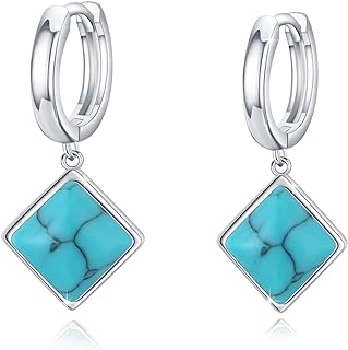 Women's S925 Sterling Silver Lever Back Hoop Earrings with Turquoise Drop Dangles
