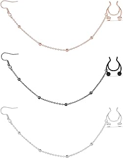 Non-Piercing Dyknasz Septum Rings with Ear-to-Nose Chain - Hypoallergenic Stainless Steel Faux Nose Rings for Women - Silver, Rose Gold, and Black Set