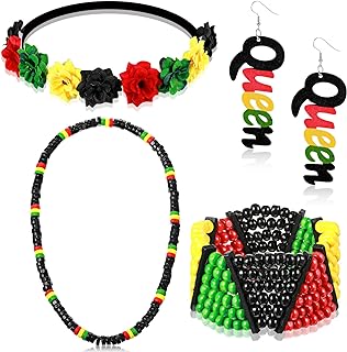 Jexine 4 Pieces Multicolor Beaded Jamaican Bracelet Wood Dangle Pierced Earrings Floral Flower Crown Stretch Headband Rasta Beads Necklace