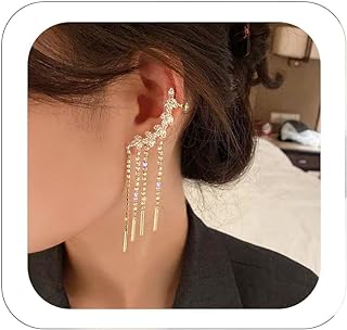 2PCS Glitter Rhinestone Long Tassels Dangle Ear Cuff Vintage Non-Piercing Fake Earrings Bridal Wedding Climber Ear Wrap Prom Ball Jewelry for Women Girls
