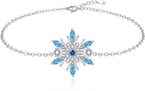 Sterling Silver Christmas Bracelet with Blue Cubic Zirconia and Lobster Claw Clasp for Women, Snowflake Design Box Chain