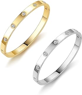 14K Gold Plated Love Bangle Bracelet with Cubic Zirconia Stones Stainless Steel Bracelet Love Friendship Bracelet for Women Girls