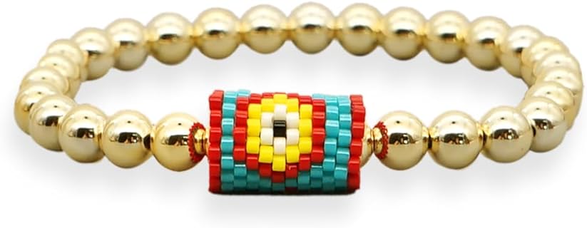 14k Gold Plated Stainless Steel Bead Chain Name Bracelet with Spring Ring Clasp for Women, Boho Evil Eye Design