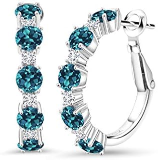 Sterling Silver London Blue Topaz and White Lab Diamond Hoop Earrings for Women with Lever Back, Round 4MM and 1.9MM Design