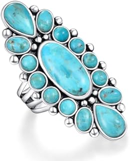 925 Sterling Silver Turquoise/Spiny Turquoise/Teal Turquoise Ring for Women Black Oxidized Silver Statement Rings for Valentine Day Bohemian Flower Ring Size 6-9