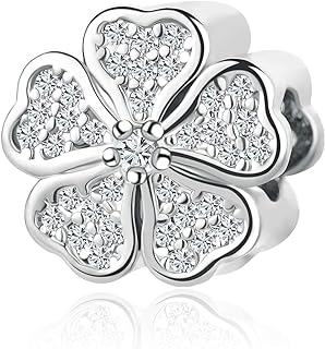Luluadorn Flower Lucky Charm for Bracelets Necklace Pendant Clear Cubic Zirconia Silver Good Luck Clover Bead Gifts for Wife Sister Family Birthday Anniversary Christmas