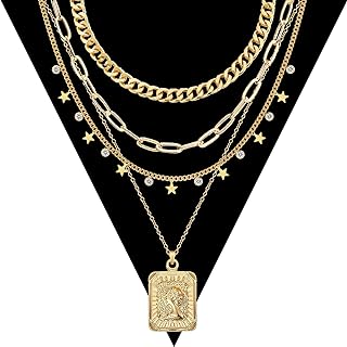 MJartoria Gold Layered Necklaces for Women Trendy Retro Square Pendant Necklace Dainty Chunky Chain Choker Necklaces for Girls Jewelry Birthday Gifts