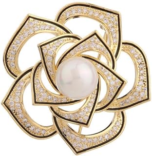 Pin Clasp 14K Yellow Gold Freshwater Pearl Brooch, Camellia Flower Design Accessory for Elegant Evening Wear