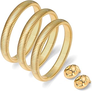 Gold Bangle Bracelets Set for Women Non Tarnish, 3Pcs Stackable Bracelets & Irregular Earrings, Flex Snake Dainty Bracelets Trendy, Gold Plated Stretch Bracelets Stack for Women