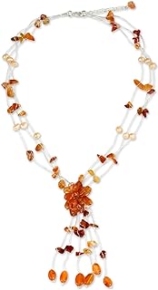 NOVICA Handmade Carnelian Cultured Freshwater Pearl Flower Necklace Fair Trade Floral Y Stainless Steel Glass Bead Red White Beaded Thailand Birthstone 'Fantasy'