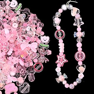 Jmzothie Pink Acrylic Bracelet Beads with Horn, Shell & Round Shape Design - 160Pc Assorted Set for DIY Crafts & Jewelry Making