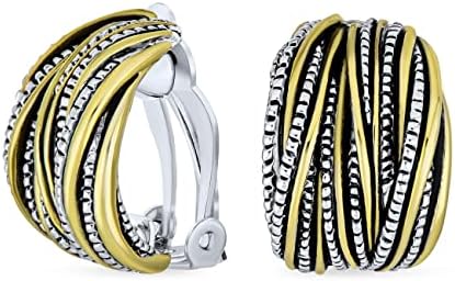 Half Hoop Shrimp Style Two Tone Caviar Bead Braided Crossover Wire Dome Clip On Earrings For Women Non Pierced Ears Oxidized Silver Gold Plated Brass