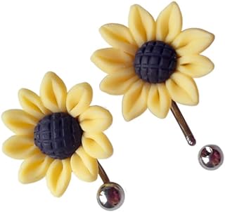 Sunflower Belly Button Rings for Women Girls, 14 Gauge Long Belly Ring Stud Body Piercing Navel Rings (2 Pack)