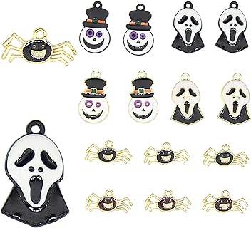 30Pcs Halloween Charms Gold Black Plated Enamel Cat Ghost Bat Coffin Cross Clown Spider Pumpkin Halloween Pendants Charms for Jewelry Making DIY Necklace Bracelet Earring Accessories