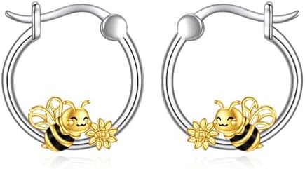 Bee Hoop Earrings with Hinged Hoop Clasp in 925 Sterling Silver for Women and Girls - Nature Inspired Design