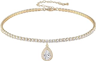 Tennis Necklace for Women Sparkly Diamond Cubic Zirconia Choker Teardrop Charm Pendant Necklace 14K Gold Filled Gift Packing