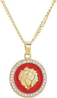 Lobster-Claw Clasp Gold-Plated Lion Head Medallion Pendant with Red Stones on 20-inch Cuban Chain - Unisex Hip-Hop-Inspired Design Jewelry