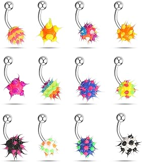 Memsion 14G Body Piercing Jewelry Surgical Steel Belly Button Rings Tongue Rings Packs Silicone Spike Ball Barbell Belly Tongue Nipple Rings Piercing for Women