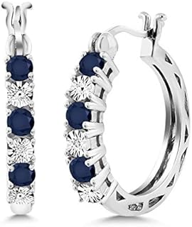 Gem Stone King 925 Sterling Silver Blue Sapphire and White Lab Grown Diamond Accent Hoop Earrings For Women (0.83 Cttw, 22MM = 0.85 Inches Diameter)
