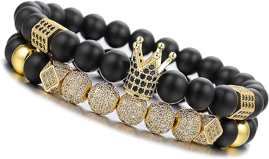 No-Clasp Silver & Black Bead Chain Bracelet with Cubic Zirconia for Men & Women, Unique Matte Onyx Design