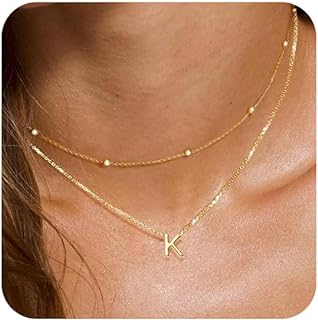 KAERUN 14K Gold Plated Layered Initial Necklace with Lobster Claw Clasp & Cable Chain, Personalized Letter A-Z Pendant