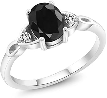 Gem Stone King 925 Sterling Silver Black Sapphire & White Diamond 3-Stone Rings | 1.73 Cttw | Oval 8X6MM | 3 Stone Wedding Engagement Anniversary Promise Ring For Women