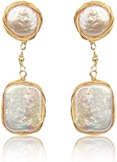 AIMONOCIN Rose Gold-Plated Sterling Silver Baroque Pearl Drop Earrings with French Wire Back, Dangle Design for Women