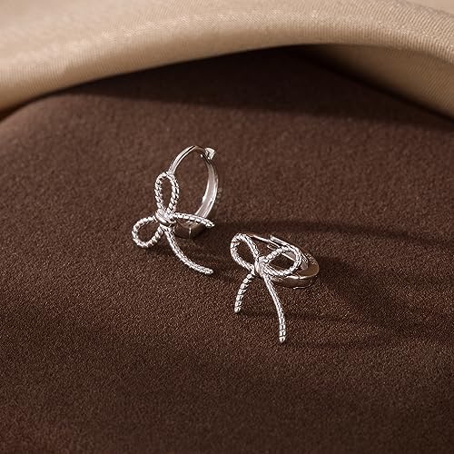 Reffeer Solid 925 Sterling Silver Bow Hoop Earrings Huggies for Women Girls Small Bowknot Hoop Earrings Cartilage Helix Earrings