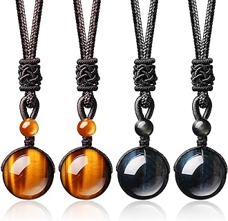 Hicarer Natural Crystal Pendant and Bead Necklaces, Set of 4 with Adjustable Clasp, Polished Crystal & Obsidian Stones for Women, Black and Tiger Eye Design