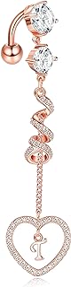 14G Surgical Stainless Steel Belly Button Ring with Initial Dangle, Cubic Zirconia Accents and Heart Pendant Design for Women