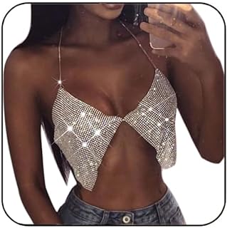 Jeweky Crystal Bra Chain Silver Sparkly Crop Top Body Chains Sexy Beach Nightclub Rave Bikini Chest Accessories Jewelry for Women and Girls