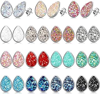 Pierced Back Stainless Steel Boho Stud Earrings - Vibrant Faux Druzy Teardrop Design Set for Women and Girls - Perfect Mother's Day Gift