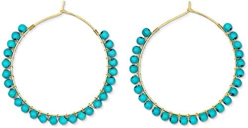 Hinged Hoop Gold-Plated-Brass Earrings with Created-Turquoise Beads for Women in Hoop Design
