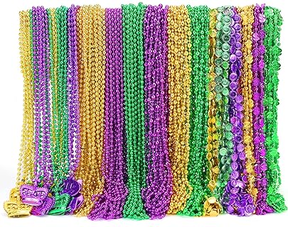150 Pcs Metallic Mardi Gras Beaded Necklaces Bulk, Purple Green Gold Mardi Gras Necklaces in Multiple Shapes For Mardi Gras Festival, Parade, Masquerade Parties, Carnival
