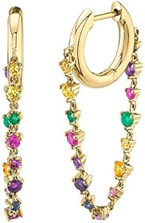 Rainbow Chain CZ Dainty Small Hoop Cuff Cartilage Hypoallergenic Earrings for Women Girls 925 Sterling Silver Post Colorful Cubic Zirconia Threader Dangle Drop 14k Gold Plated Fashion Cute Huggie Hoops Fashion Crystal Jewelry Gifts Bff Birthday Her 1 pair