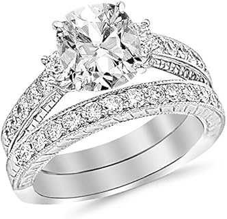 14K White Gold 3 Carat LAB GROWN DIAMOND Three Stone Vintage With Milgrain & Filigree Bridal Set with Wedding Band & Cushion Cut Diamond Engagement Ring (D-E Color VS1-VS2 Clarity 2 Ct Center)