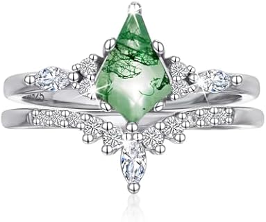 925 Sterling Silver Moss Agate Gem Kite Cut Engagement Ring for Women, Distinctive Design