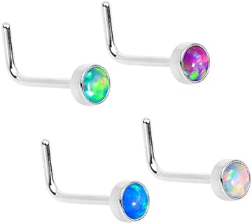 Body Candy Stylish Sapphire Nose Ring Adorned with 3mm Synthetic Opal, Press Fit L Shape, Durable Stainless Steel, Pack of 4, 20 Gauge 1/4"