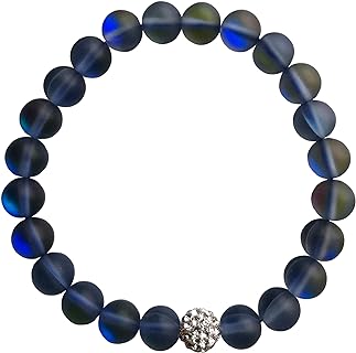 No-Clasp Mystic Mermaid Glass Friendship Bracelet with Dazzling Rhinestone & Grey Moonstone Beads on Bead Chain - Unisex - Grey