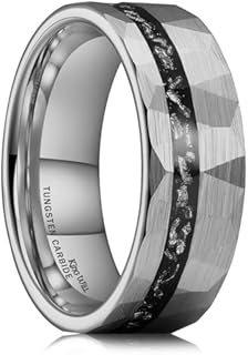 King Will Mens 8mm Gold Black Silver Hammered Tungsten Carbide Wedding Rings Imitated Meteorite Inlay Matte Brushed Tungsten Ring