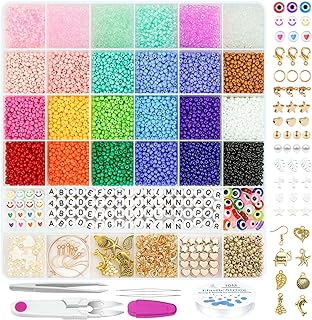Gionlion 9000 Pcs 3mm Glass Seed Beads for Jewelry Making,24 Colors Seed Beads Friendship Preppy Bracelet Making Kit with Letter Beads Charms Kit and Elastic Strings