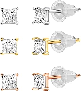 La4ve Diamonds Sterling Silver Pack of 3 Square, Round Shape Plastic Post Stud Earrings| Diamond Accent Jewelry for Kids, Teenager Girls | Gift Box Included (White, Yellow & Pink Tone - Value Bundle)