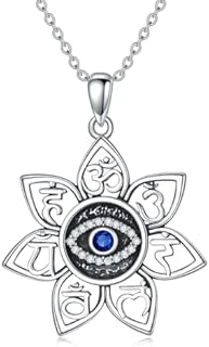 925 Sterling Silver Evil Eye Necklace with Cable Chain & Zircon Gems for Women, Lotus Design