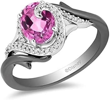 Jewelili Enchanted Disney Fine Jewelry Sterling Silver with Black Rhodium 1/10 CTTW Diamond and Pink Topaz Maleficent Ring