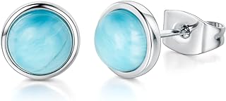Women's Hypoallergenic 925 Sterling Silver Larimar Stud Earrings with Push Back Design - Round Gemstone Elegance